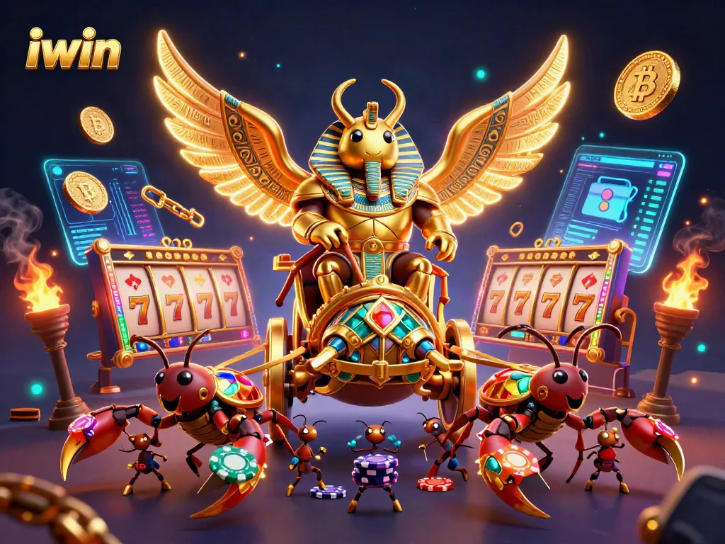 Engage in thrilling gameplay with iwin as a colossal scarab beetle leads in a dynamic casino scene.