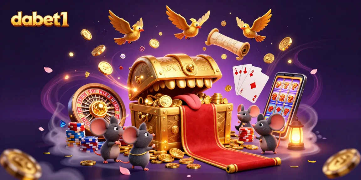 Engage with dabet1's exciting gaming world in a vibrant 3D casino scene filled with treasures.