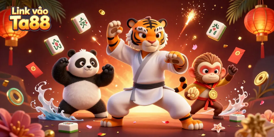 Engage with the Link vào Ta88 online casino featuring a kung fu master and vibrant game elements.