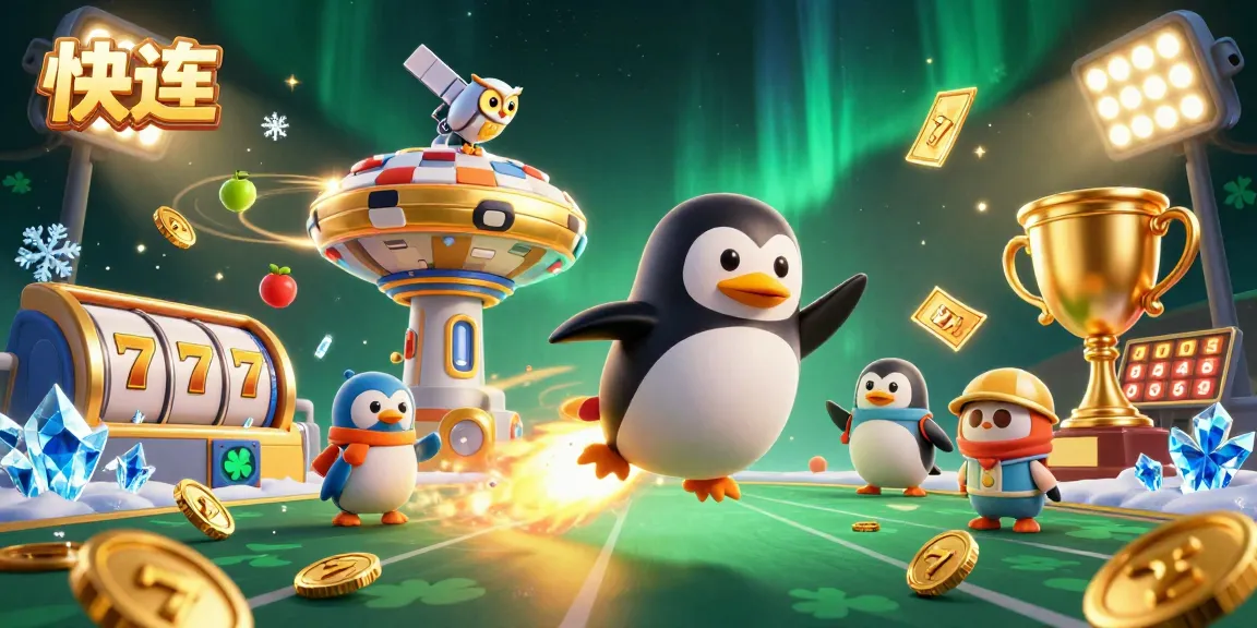 快连 offers an exciting casino experience with a golden penguin racing towards a vibrant poker chip station.