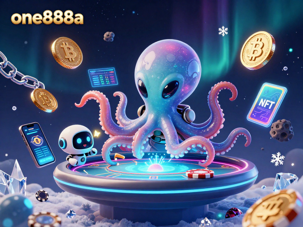 Engage with one888a's exciting alien-themed poker scene featuring energetic characters and crypto coins.