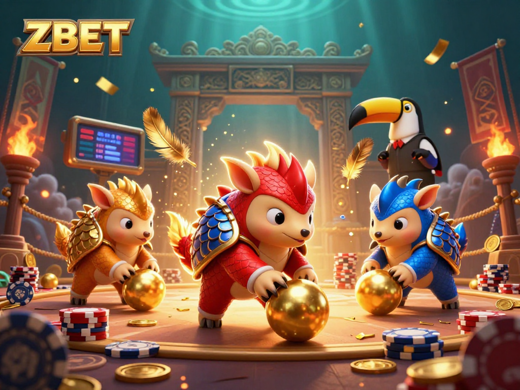 ZBET pangolins in vibrant armor bowling through poker chips in a dynamic casino scene.