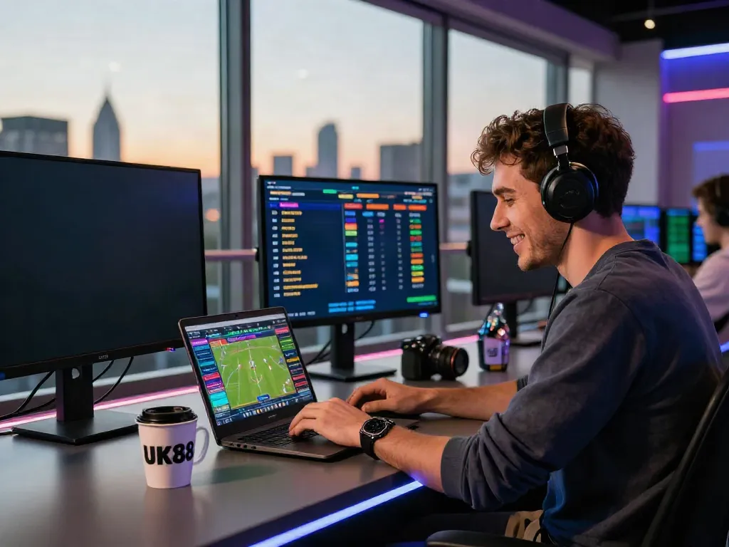 A player enjoying a vibrant online betting experience on UK88 with a laptop and colorful graphics.