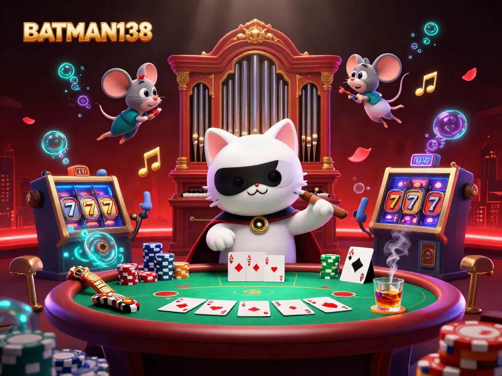 Create a winning strategy on BATMAN138 with vibrant casino elements in this dynamic illustration.