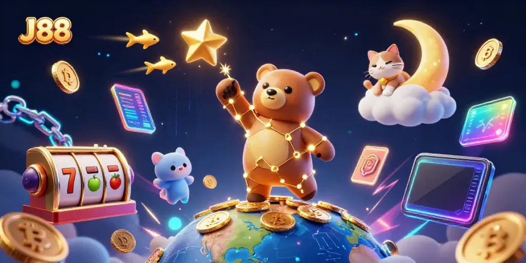 Spin and win at J88 with a shining constellation bear collecting coins amidst thrilling casino elements.