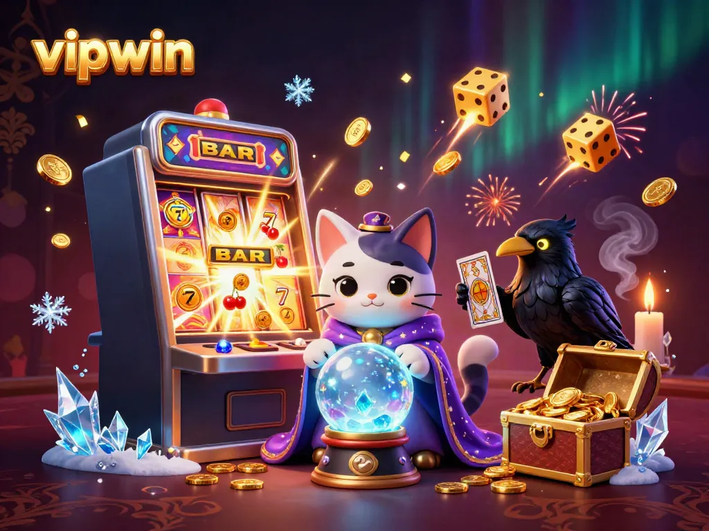 Experience thrilling wins with vipwin's vibrant casino magic featuring a mystic cat, raven, and explosive jackpots.