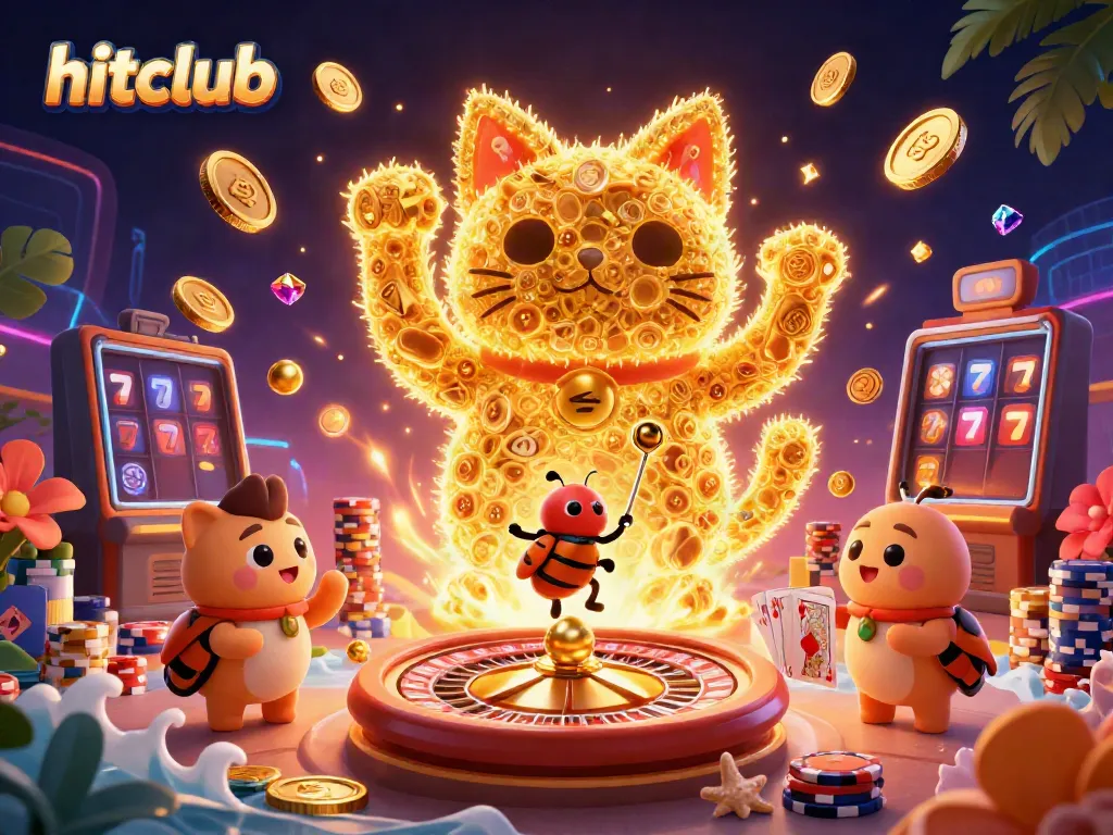 Experience the vibrant world of hitclub with golden fireflies symbolizing luck and fortune.